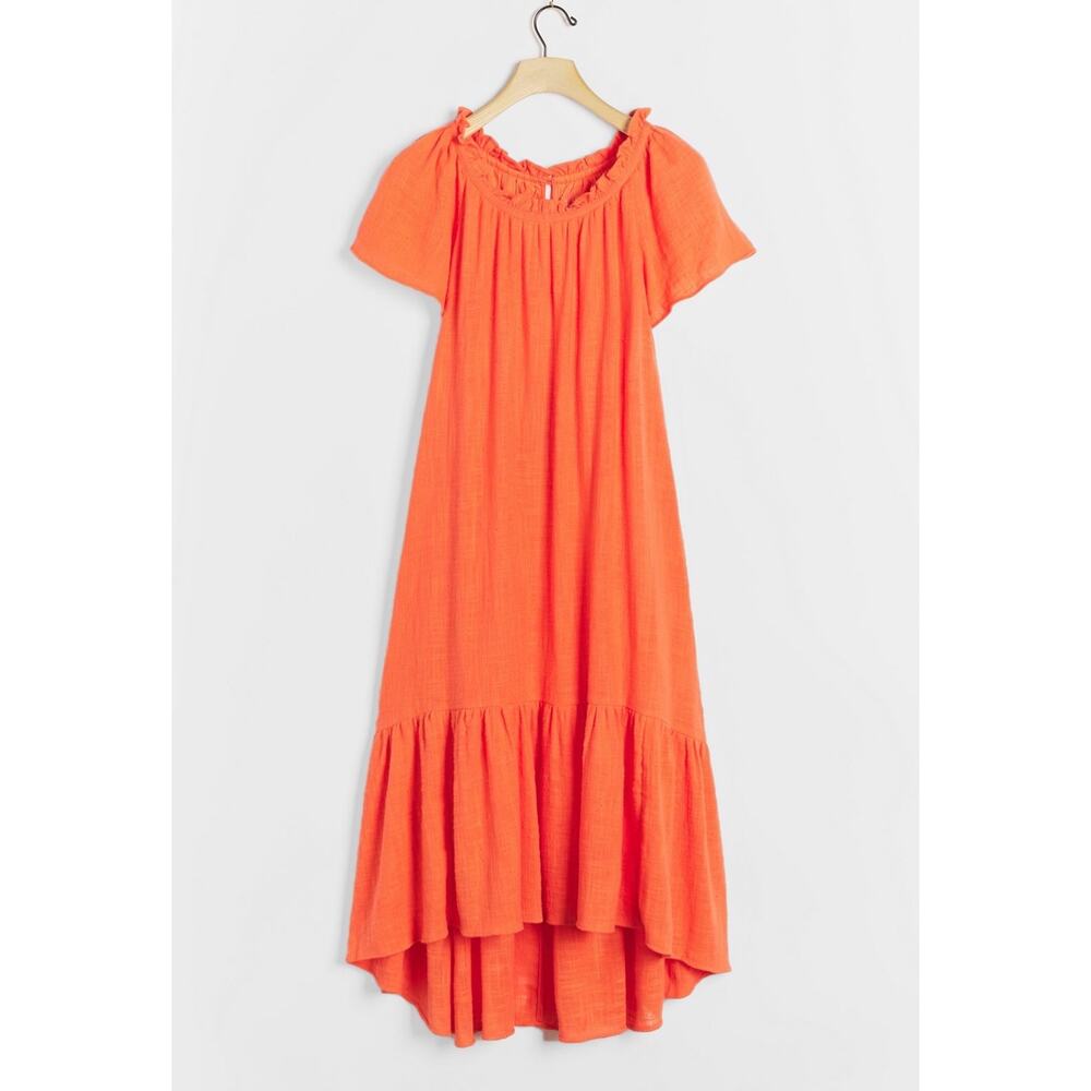 Maeve x Anthropologie Selah High-Low Ruffle Nevk Maxi Dress Coral Orange Sz S